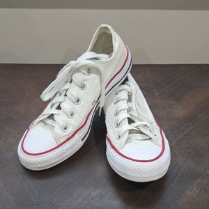 Converse Kids Low-Top White Canvas Sneakers with Red & Navy Stripes